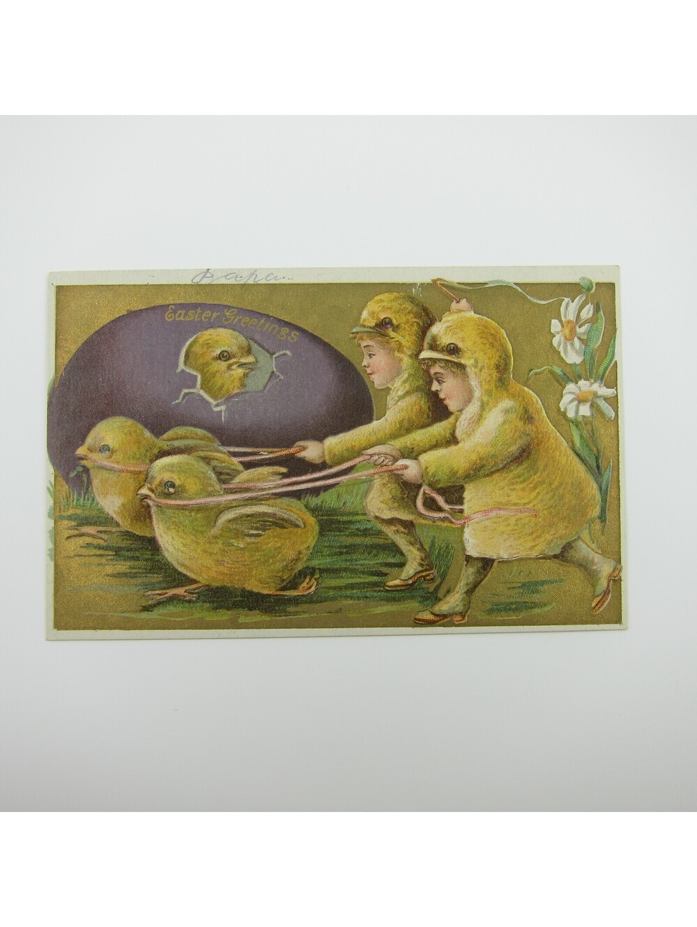Easter Postcard Fantasy Children Yellow Chicks Hatch Purple Egg Embossed Antique